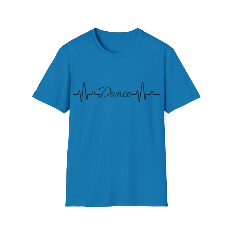 Blue t-shirt with a heartbeat line design incorporating the word ’Dance’ in script text.