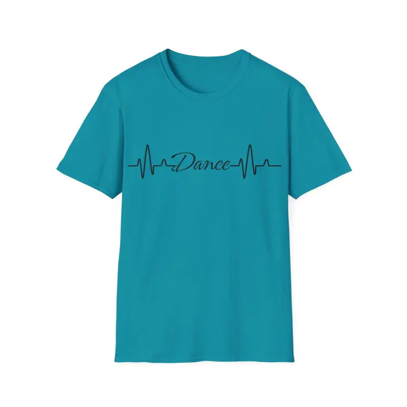 Teal t-shirt with a heartbeat line design spelling out ’Dance’ across the chest.