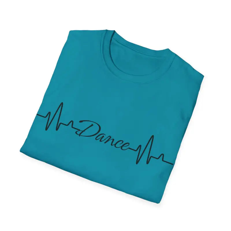 Turquoise t-shirt with ’Dance’ text written in heartbeat monitor style design.