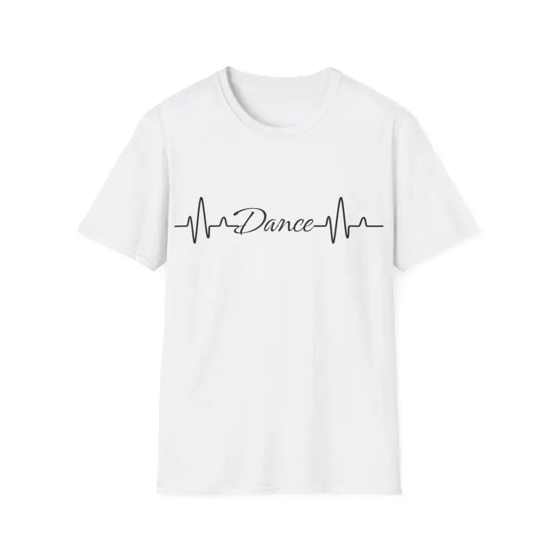 White t-shirt with a heartbeat line design featuring the word ’Dance’ in cursive script.