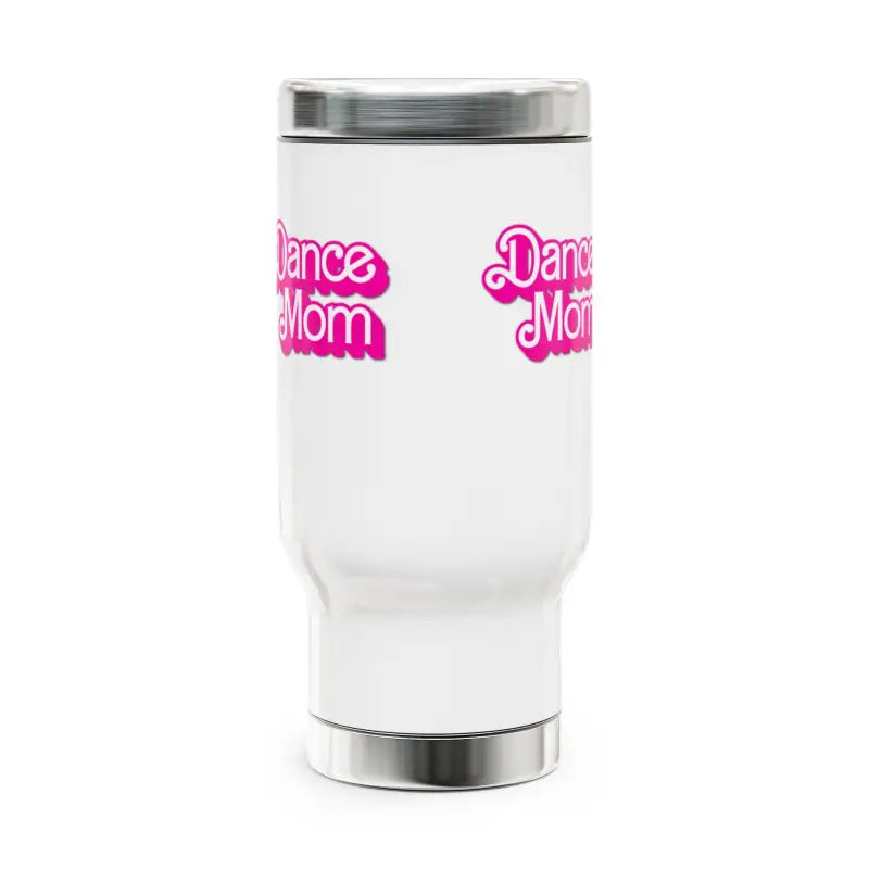 White travel tumbler with pink ’Dance Mom’ text and silver lid.