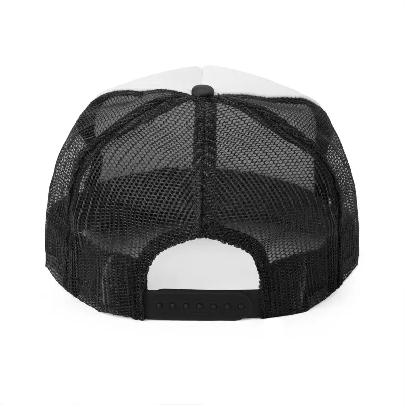 Black mesh trucker-style cap with a white adjustable snap closure at the back.