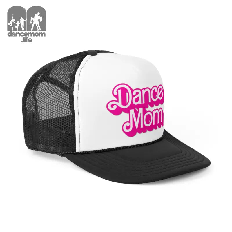Black and white trucker hat with pink ’Dance Mom’ text on the front panel.