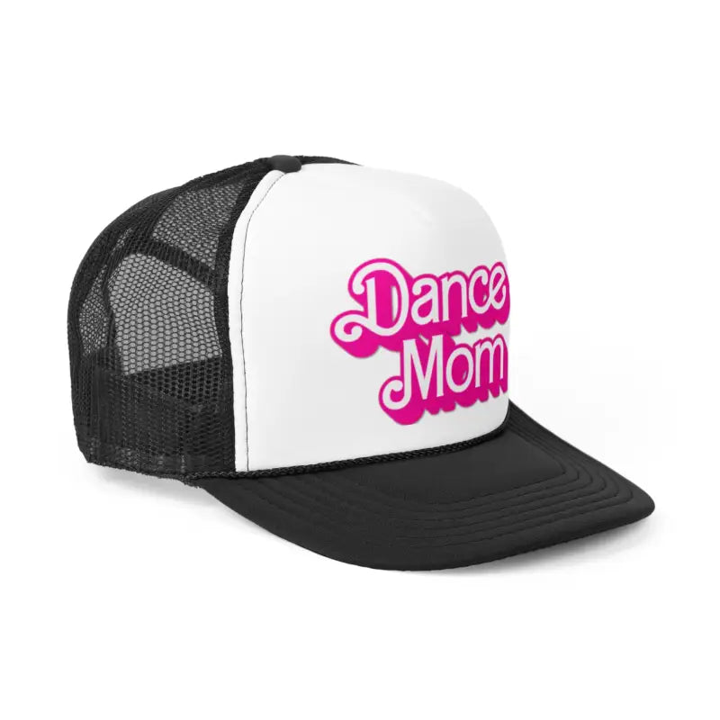 Black and white trucker hat with pink ’Dance Mom’ text on the front panel.