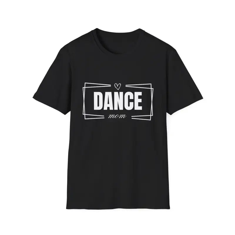 Black t-shirt with ’DANCE’ text and decorative elements printed in white.
