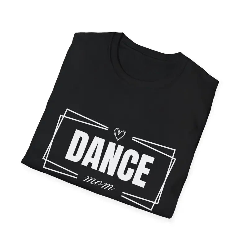 Black t-shirt with ’DANCE mom’ text design in white lettering and decorative frames.