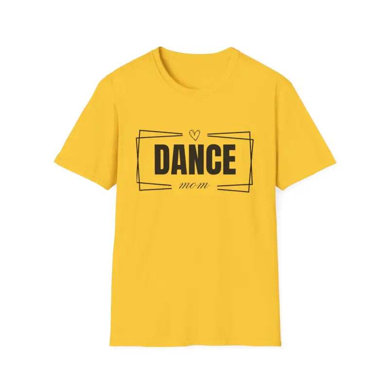 Yellow t-shirt with ’DANCE’ text in a rectangular frame design.