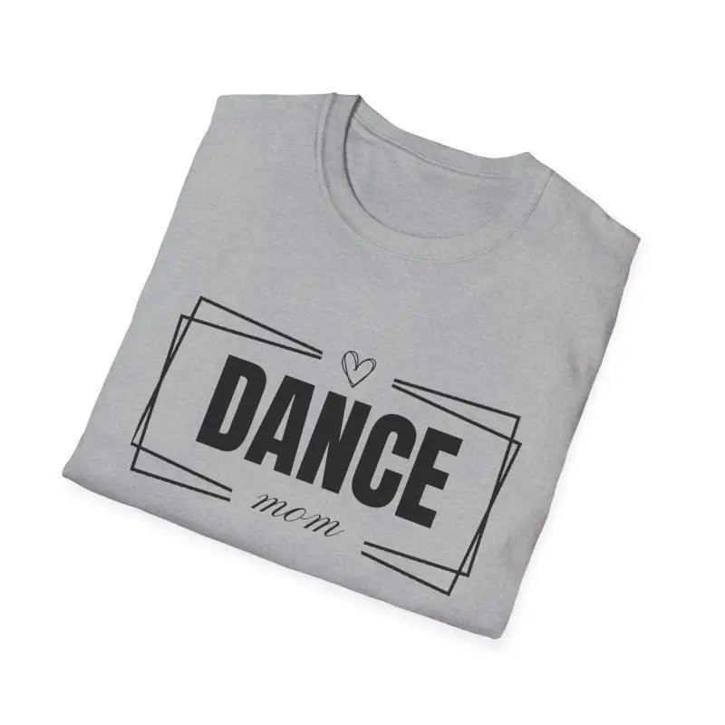 Gray t-shirt with ’DANCE mom’ text and a heart design printed on it.