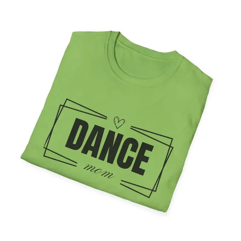 Lime green t-shirt with ’DANCE mom’ text and heart design printed in black.