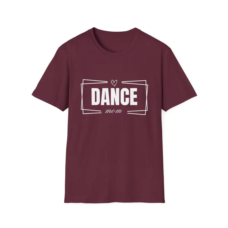 Burgundy t-shirt with ’DANCE’ text in white framed by geometric lines and a heart.
