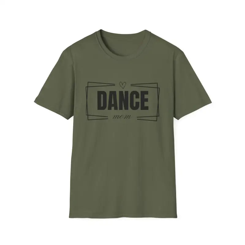 Olive green t-shirt with ’DANCE’ text in a rectangular border design.