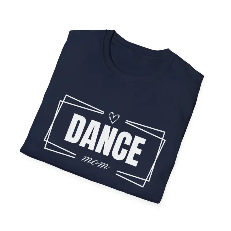 Navy blue t-shirt with ’DANCE mom’ text and heart design in white.