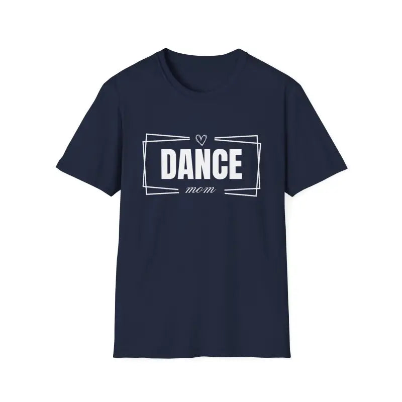 Navy blue t-shirt with ’DANCE’ text in white lettering inside a rectangular frame design.