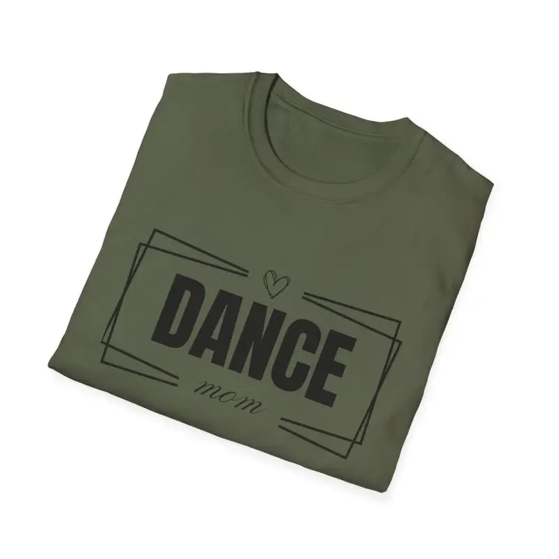 Olive green t-shirt with ’DANCE’ text and decorative elements printed in black.