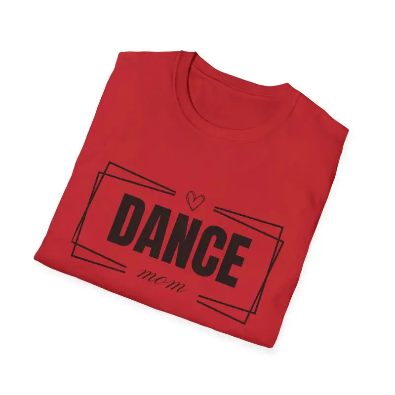 Red t-shirt with ’DANCE’ text and heart design printed in black.