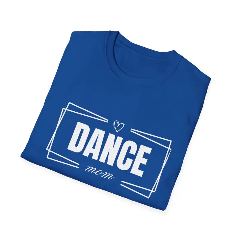 Royal blue t-shirt with ’DANCE mom’ text and heart design in white.