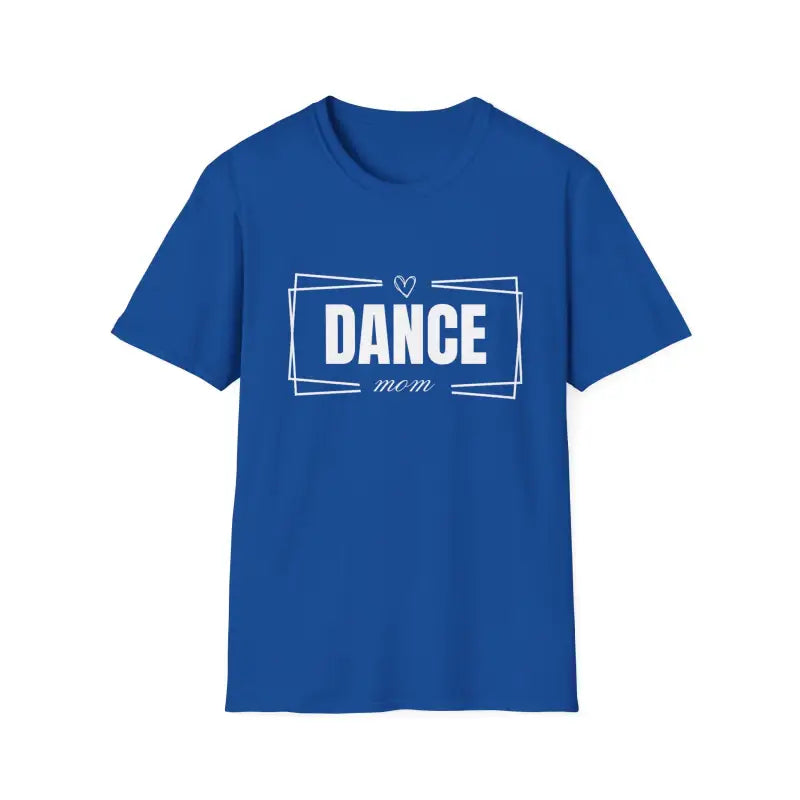 Royal blue t-shirt with ’DANCE’ text in white framed by geometric lines.