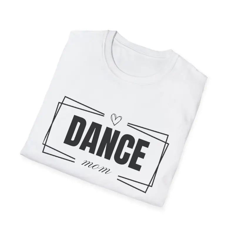 White t-shirt with ’DANCE mom’ text and heart design printed in black.
