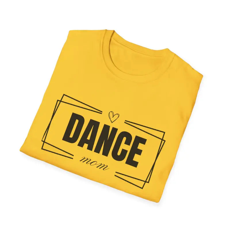 Yellow t-shirt with ’DANCE mom’ text and heart design printed in black.