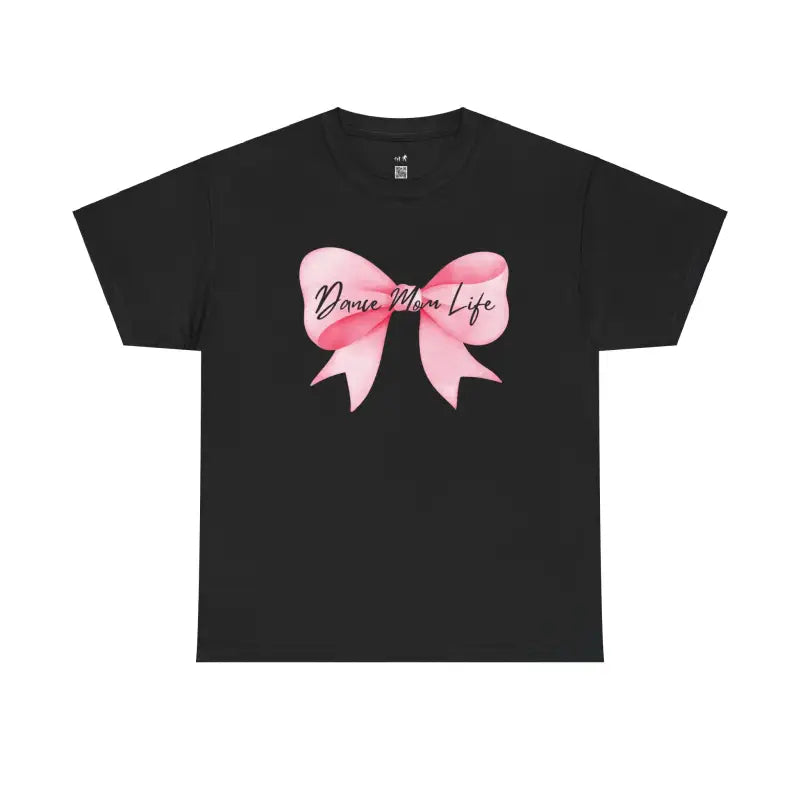 Black t-shirt with a pink bow design and text that reads ’Dance Mom Life’