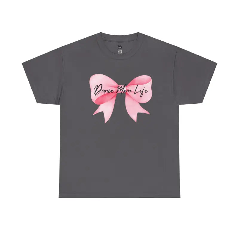 Gray t-shirt featuring a pink bow design with ’Dance Mom Life’ text.