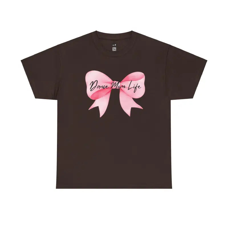 Brown t-shirt with a pink bow design and text.