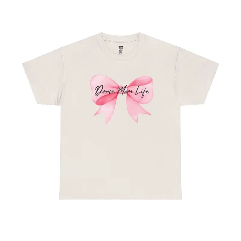 White t-shirt with a pink bow graphic and ’Dance Mom Life’ text.