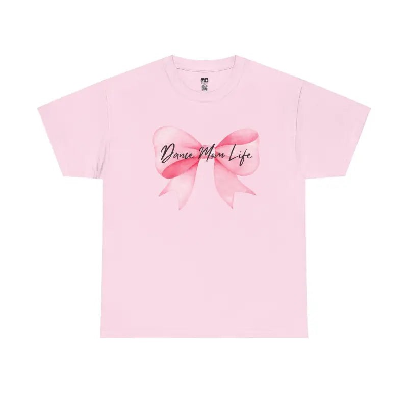 Pink t-shirt with a bow design and ’Dance Mom Life’ text.