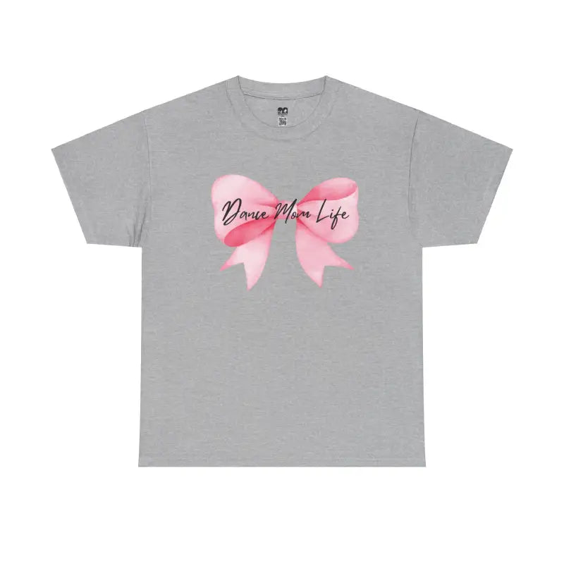 Grey t-shirt with a pink bow design and ’Dance Mom Life’ text.