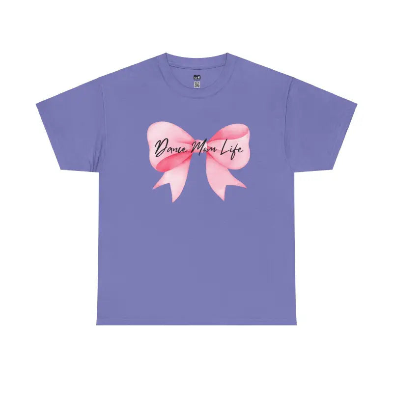Purple t-shirt with a pink bow design and text on the front.