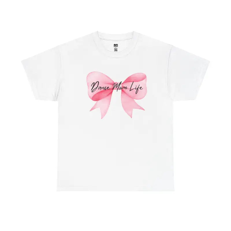 White t-shirt with a pink bow graphic and text design.