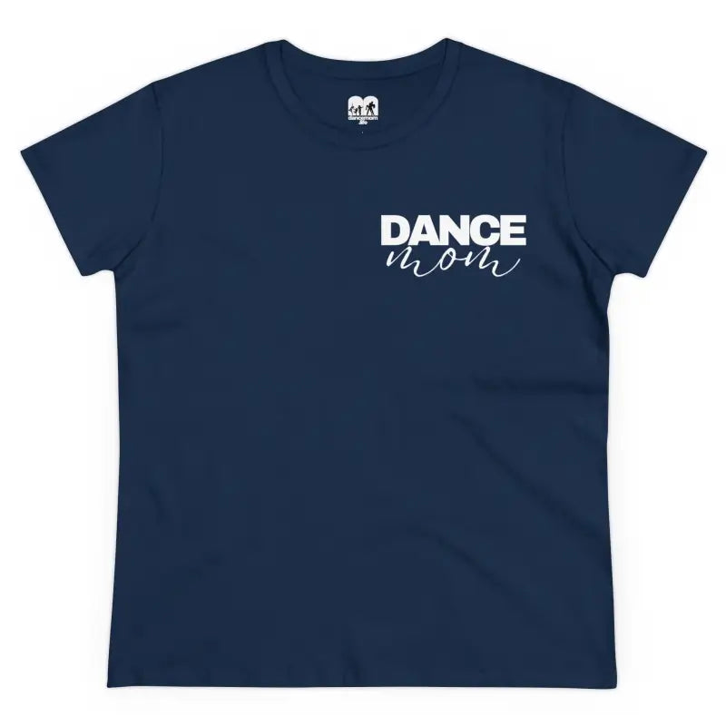 Navy blue t-shirt with ’DANCE MOM’ text printed on it.