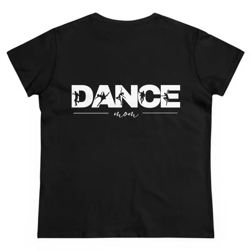 Black t-shirt with ’DANCE mom’ text printed in white letters.