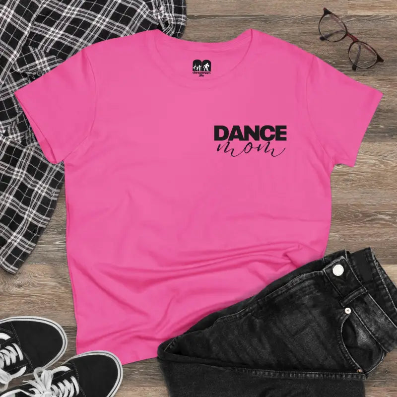 Pink t-shirt with ’DANCE MOM’ text printed on it.