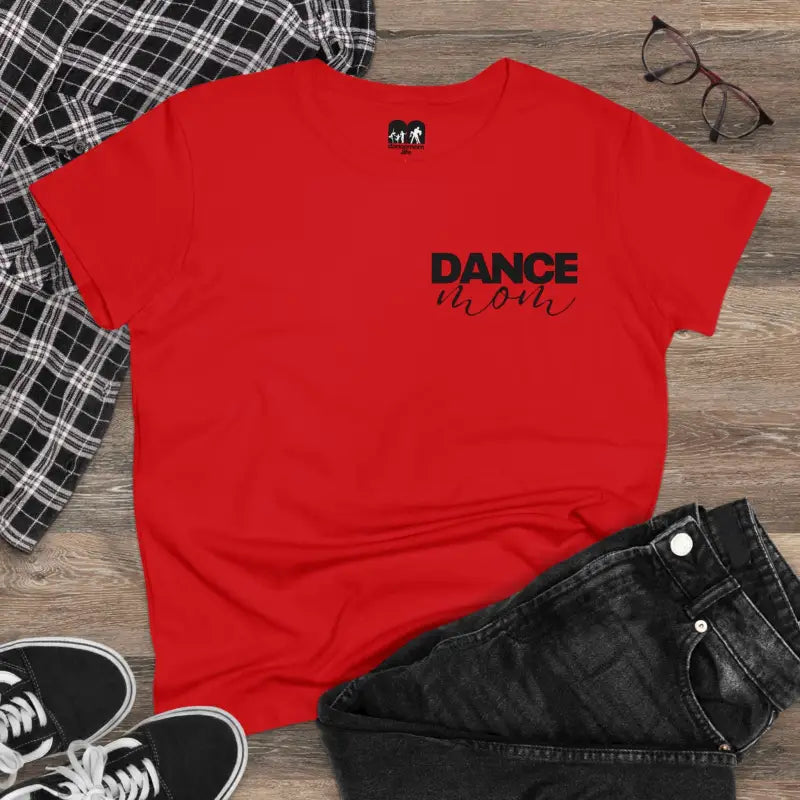 Red t-shirt with ’DANCE’ text printed on the front.