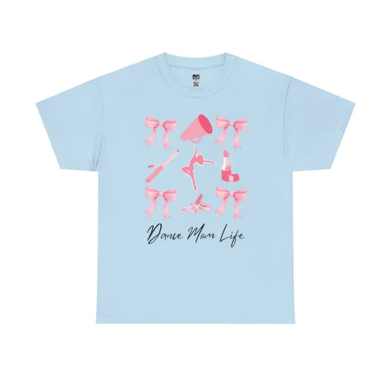 Light blue t-shirt with pink bow and dance-themed graphics and text reading ’Dance Mom Life’