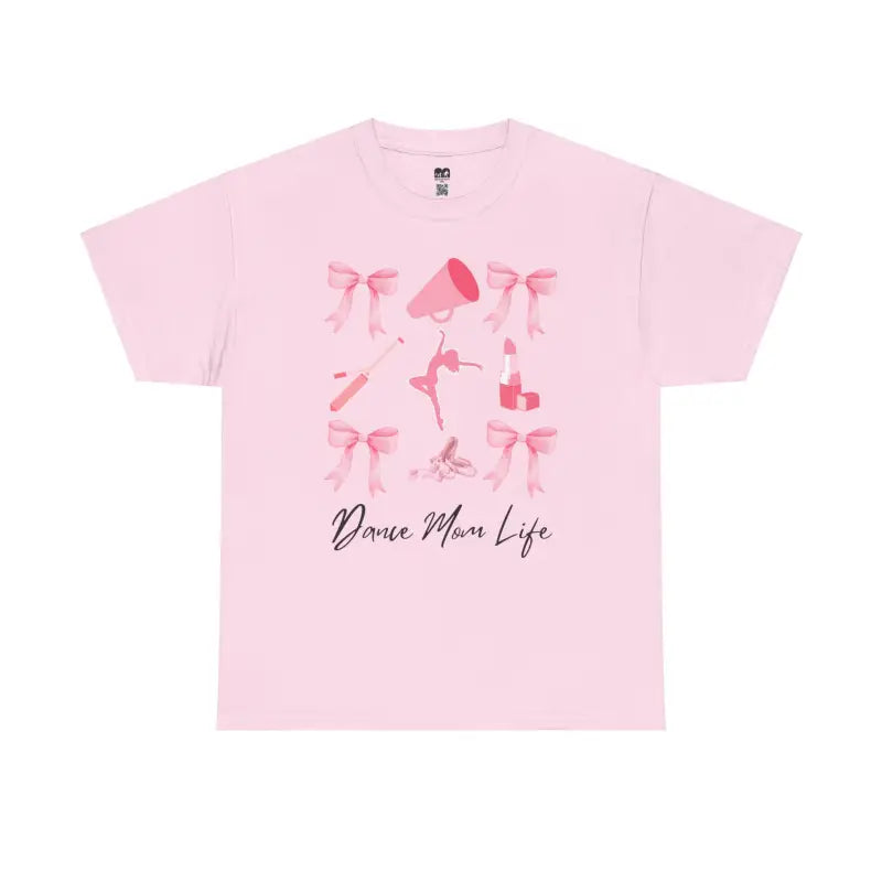 Pink t-shirt with ballet-themed graphics and ’Dance Mom Life’ text.