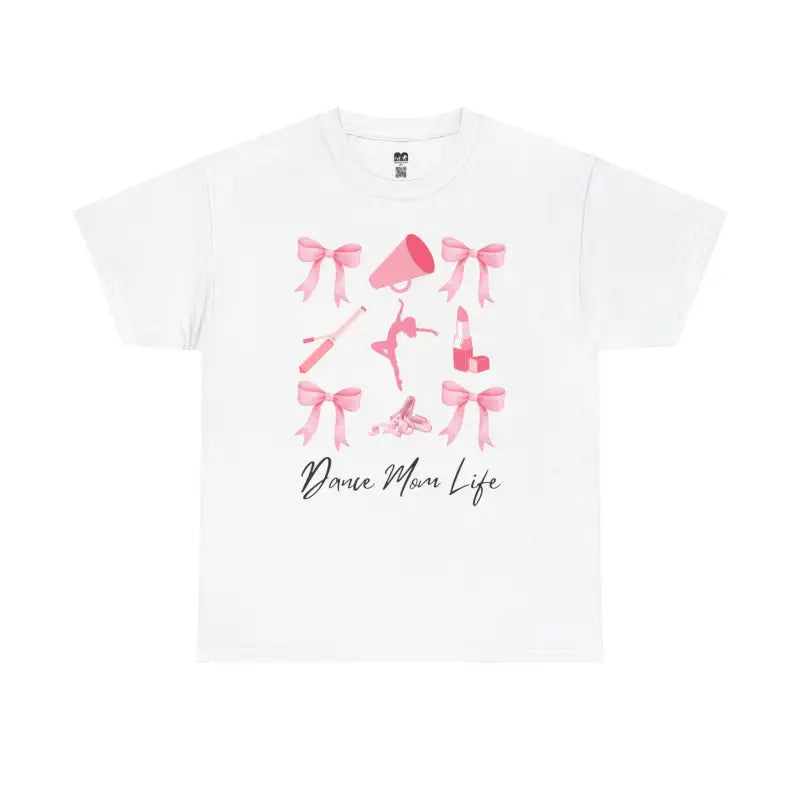 White t-shirt with pink ballet-themed graphics and ’Dance Mom Life’ text.