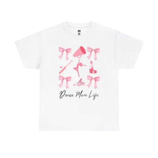 White t-shirt with pink ballet-themed graphics and ’Dance Mom Life’ text.