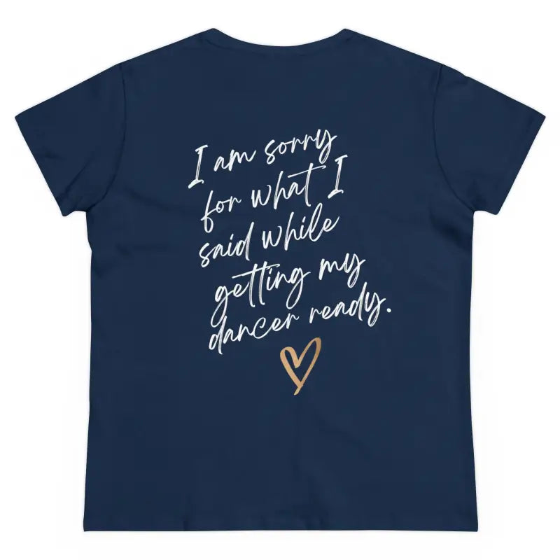 Navy blue t-shirt with white handwritten-style text and a small gold heart on the back.