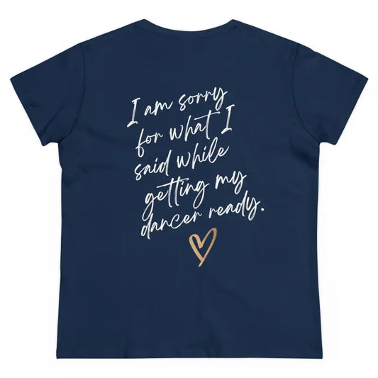 Navy blue t-shirt with white handwritten-style text and a small gold heart on the back.