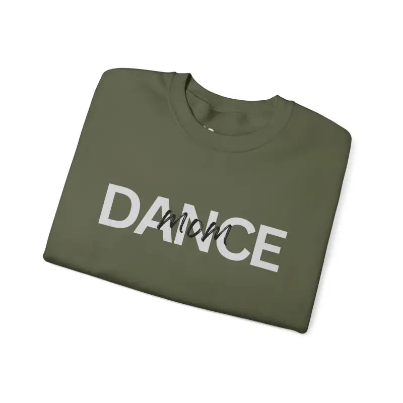 Olive green t-shirt with ’DANCE’ text featuring a silhouette of dancers in the middle.