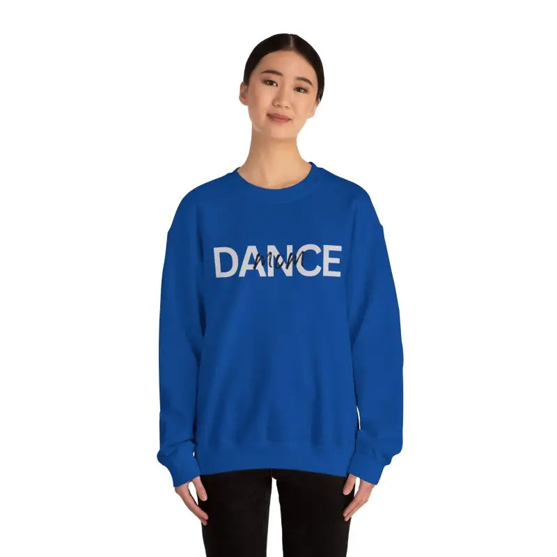Royal blue crewneck sweatshirt with ’DANCE’ text printed on the front.
