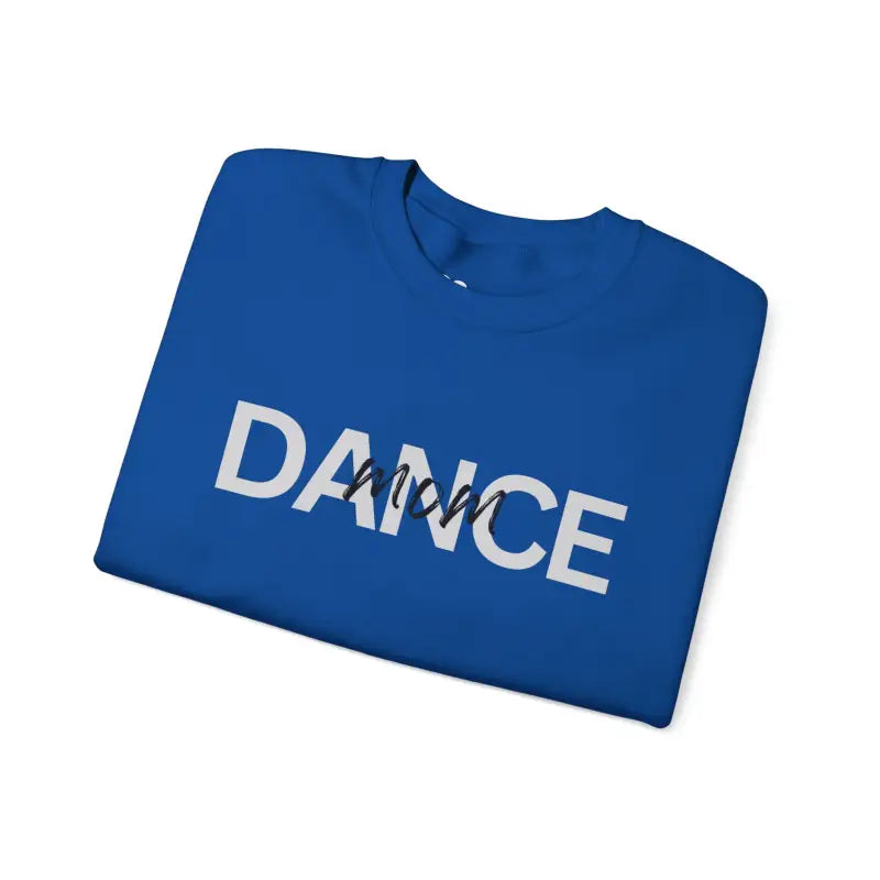 Royal blue sweatshirt with ’DANCE’ text featuring a dancer silhouette in the lettering.