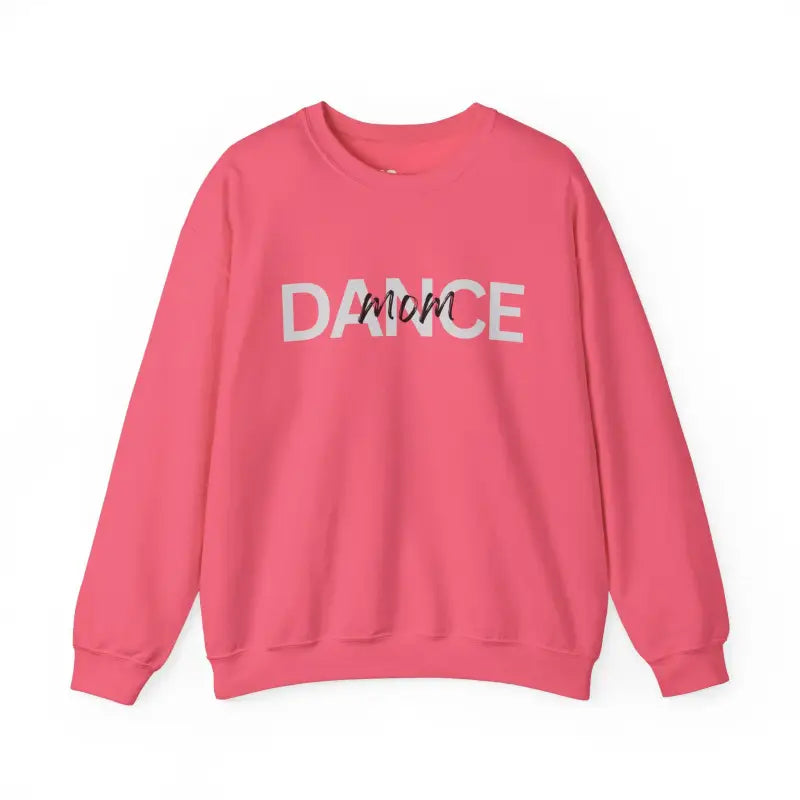 Pink sweatshirt with ’DANCE’ text design in gray and black lettering.