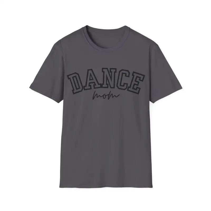 Gray t-shirt with ’DANCE’ text printed in black outline lettering.