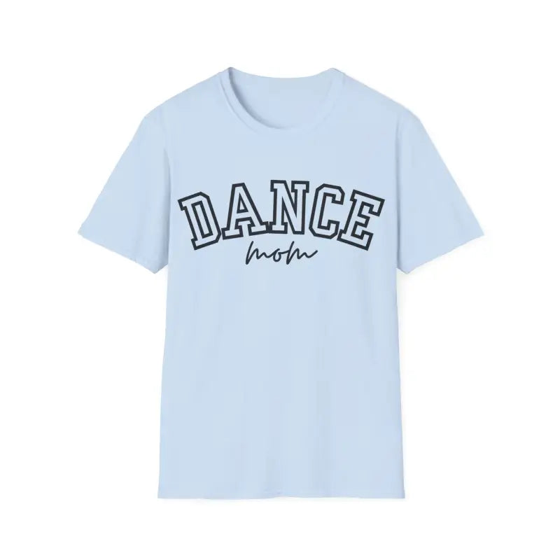 Light blue t-shirt with ’DANCE’ text printed in outlined letters.