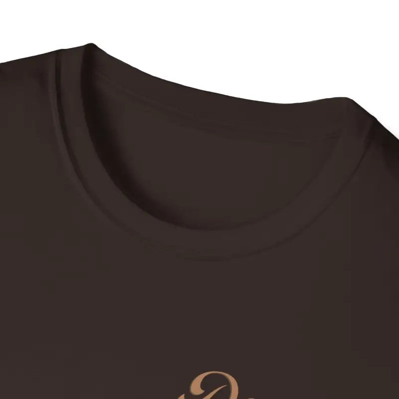 Close-up view of a dark brown t-shirt collar with part of a gold logo visible.