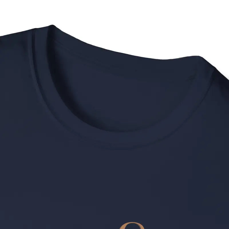 Navy blue t-shirt collar with a partial view of the shirt’s front.