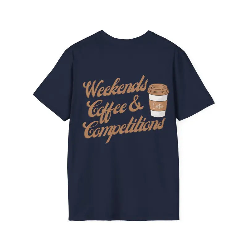 Navy blue t-shirt with ’Weekends Coffee & Competitions’ text and coffee cup graphic in brown lettering.
